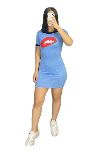 Vestido Sexi Pegado Con Estampado De Labio Mordido 