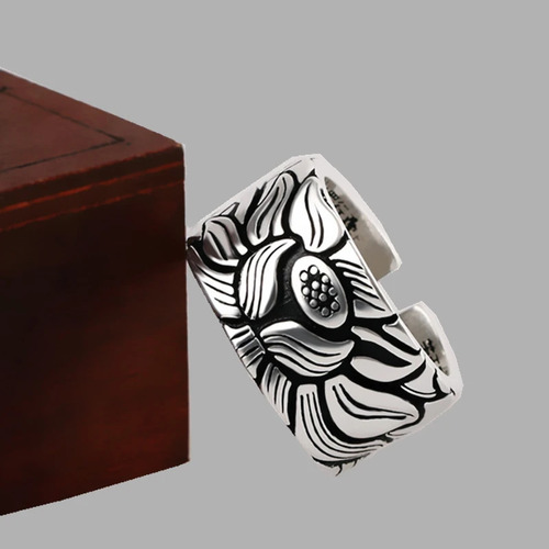 Imagen 3 de 3 de Anillo De Flor De Loto Hombre Mujer Plata S999 Moda