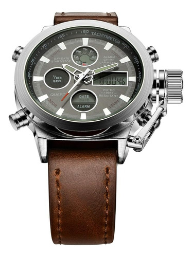 Reloj Hibrido Digital Y Manecillas Cuarzo Gimto Marrón Negro Gris Oscuro
