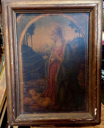 Antiguo Icono Religioso Italy Virgen Niño Jesus Sobre Madera