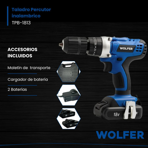 Taladro Percutor Atornillador Inalambrico 18v Wolfer Maletin