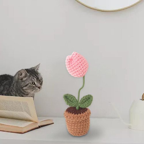 Mini Maceta Rústica Con Flores Tejidas A Tulipanes Rosados