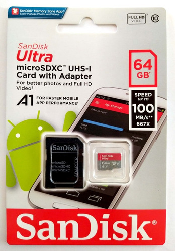 Sandisk Ultra 64gb Micro Sd + Sd Adp Clase 10 - 100mb/s U1
