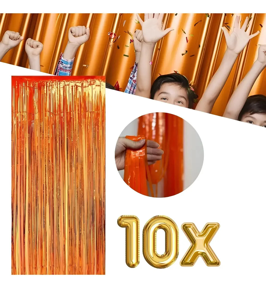 Kit 10 Cortinas Metalizada Lisa Franja 2x1m Festa Fitas Laranja