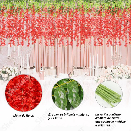 24pzs Flores Artificial Wisteria Decoración Fiesta Boda 1.1m Rojo