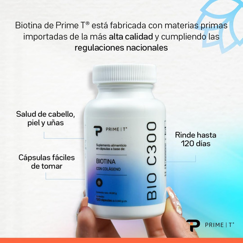 Biotina Orgánica 120 Cápsulas 300 mcg Suplemento Primetech Sin Sabor con Colageno Fortalece Piel, Cabello y Uñas