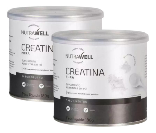 Creatina Monohidratada 100% Pura Nutrawell 180g Sabor Sem Sabor KIT 2X