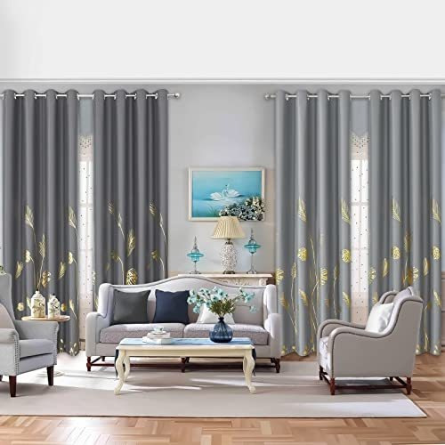 Cortinas Estelar Textiler Estampado Hojas Doradas - Gris