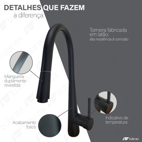Torneira Gourmet Cozinha Monocomando Extensível Preta Fosca