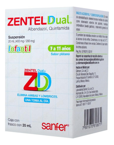 Zentel Dual Suspensión Oral 400 Mg/200 Mg/20 Ml, 1 Frasco 20 Ml