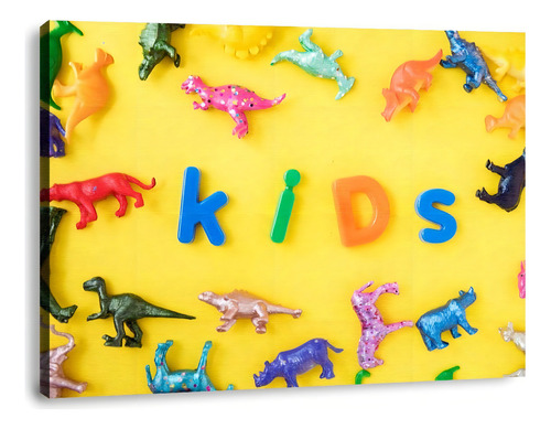Cuadro Canvas Para Niños Niñas Happy Kids Y Dinosaurios 1 Pz Color Amarillo Armazón N/a