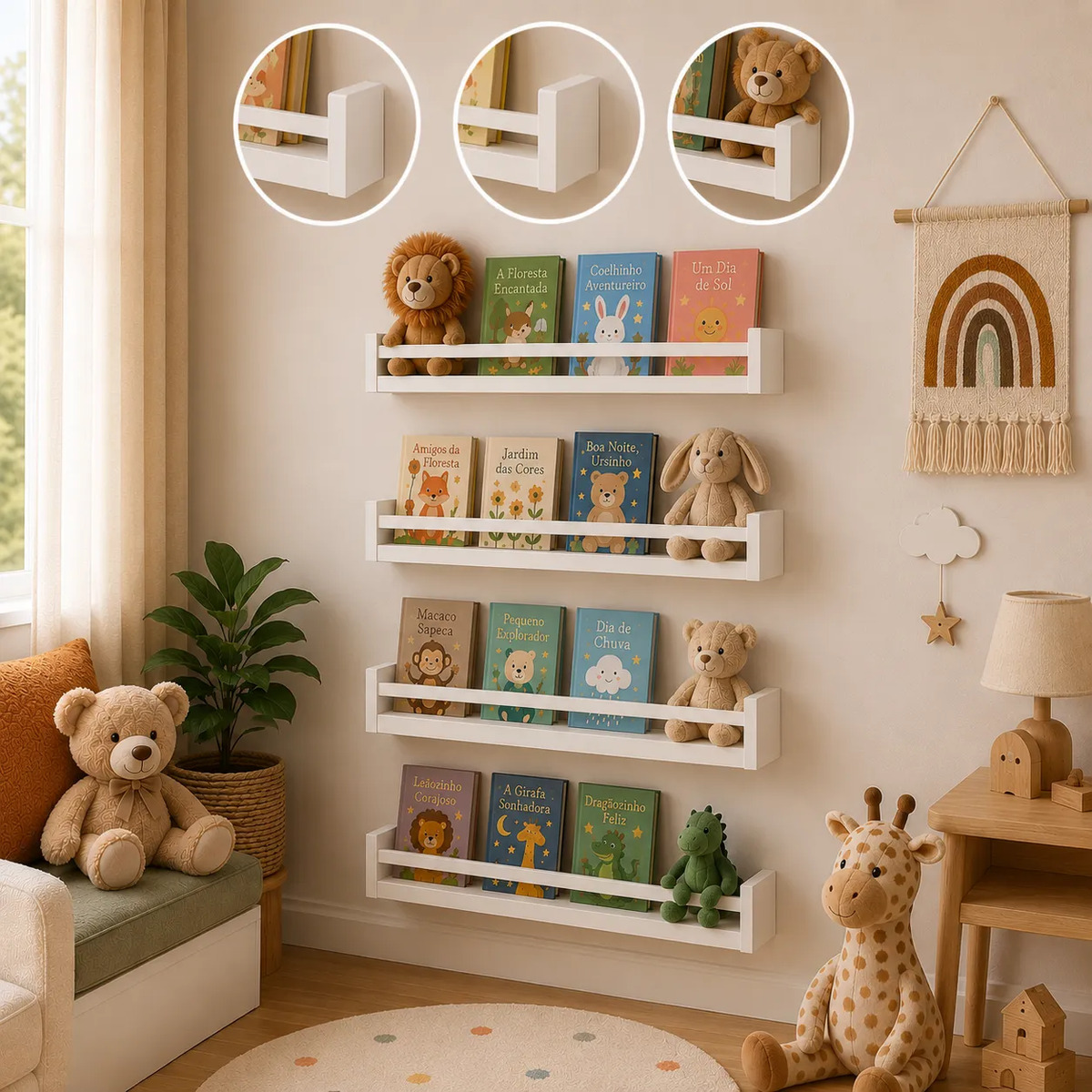Combo 4 Prateleira Nicho Livros Infantil 50cm Mdf Branco Branco
