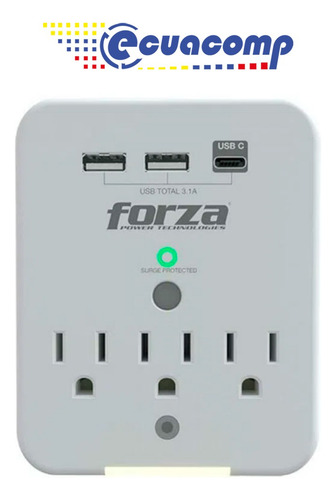 Protector De Voltaje Forza 3 Tomas 120v + 2usb + 1usb-c Luz