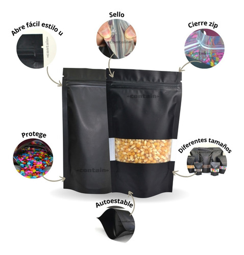 Imagen 2 de 7 de 100 Bolsa Stand Up Pouch Cierre Negro Mate Ventana De 50 Grs