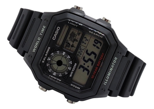 Reloj de pulsera Casio Digital AE-1200 de cuerpo color negro, digital, fondo gris, con correa de resina color negro, dial negro, subesferas color gris y negro, minutero/segundero negro, bisel color negro y hebilla simple
