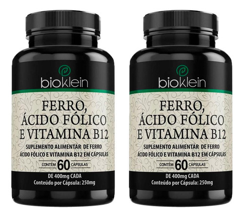 Kit 2 Ferro, Ácido Fólico E Vit B12 - 60 Cápsulas -bioklein