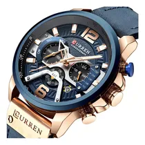 Comprar Reloj Curren 8329 para hombre, correa cronógrafo original de cuarzo, color oro rosa\u002Fbisel azul, color negro\u002Focre, fondo negro