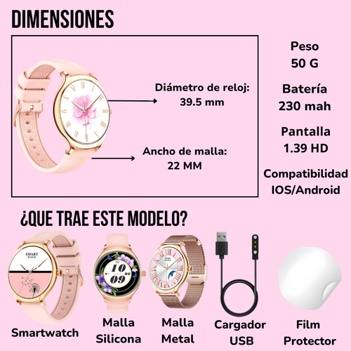 Reloj Smart Watch Mujer Redondo Elegante Gps Doble Malla Rosa Milanese Kt67 Rosa Doble Malla Film Rosa