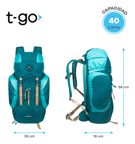 Mochila De Camping T-go Out Bound 40 Litros Ajuste Pectoral Abdominal Espaldar Ergonómico Cobertor Lluvia Xs505 Turquesa