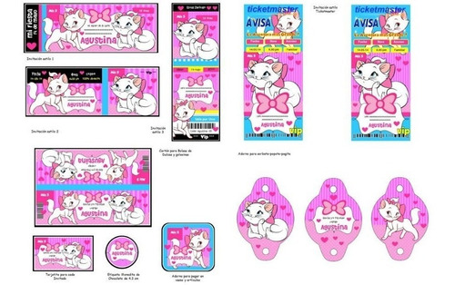Kit Imprimible Candy Bar Gatita Marie Fiesta 3x1