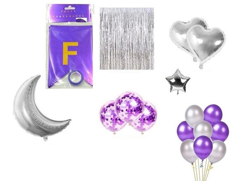 Imagen 3 de 3 de Combo Deco Feliz Cumple Globos Violeta Banderin Cortina