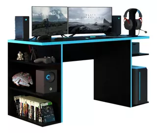 Escritorio gamer Madesa Mesa para computador gamer 9409 mdp de 136cm x 75cm x 60cm negro y azul