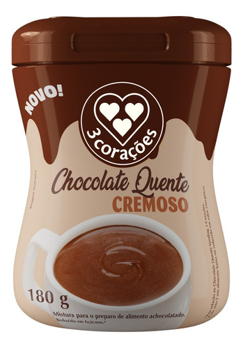 3 Corações chocolate quente pó cremoso pote 180gr