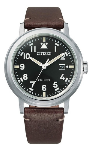 Reloj Citizen Hombre Aw162021e Malla Marrón Oscuro Bisel Plateado Fondo Negro