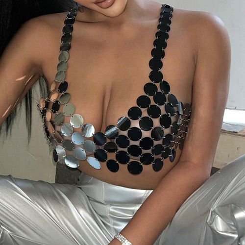 Lentejuelas Brillantes Crop Top Trajes Push Up Club Halter
