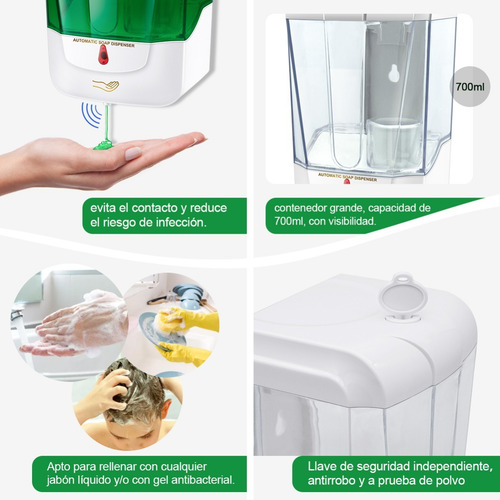Imagen 4 de 8 de Dispensador Automático De Jabón De Gel Antibacteriano De 700
