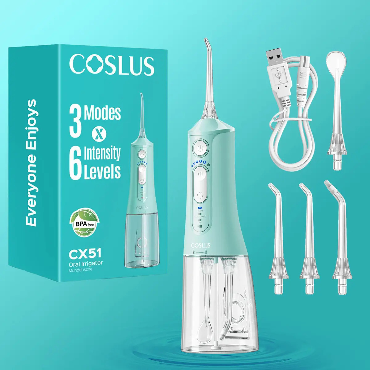 COSLUS Irrigador Bucal, Irrigador Dental, Limpiador Bucal -4 boquillas, 3 modos, 6 niveles, 18 modos ajustables, temporizador y modo Jet (el tanque de agua se puede plegar) Oral Ca