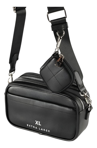 Cartera Bandolera Guillermina Xl En Pu Con Asas Negras Negro Lisa Níquel Negro