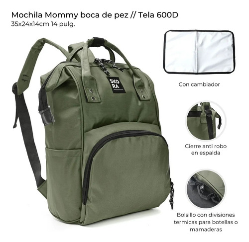 Mochila Maternal Skora Mommy Boca De Pez Con Cambiador Verde