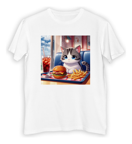 Remera Hombre Gato Anime Comiendo Papas Burger Comida