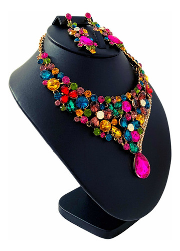 Radiante Set Collar Aretes Cristales Austriacos Chapado En Oro Diamantes De Imitación Zirconias Rainbow Fiesta Color Dorado