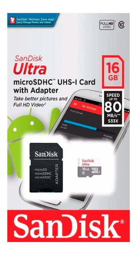 Imagem 2 de 5 de Cartão De Memória Microsd Sandisk 16gb Ultra Classe 10