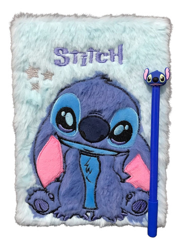 Caderno Stitch Pelúcia Com Caneta Azul-celeste