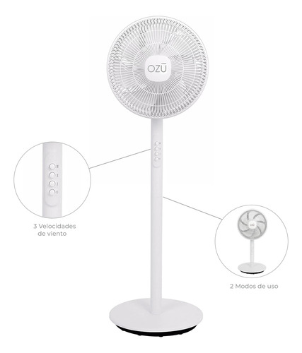 Ventilador Pedestal 14 Pulgadas 7 Aspas Ozu Estructura Blanco Aspas blancas Diámetro 14 " Frecuencia 50-60Hz Material de las aspas Plástico