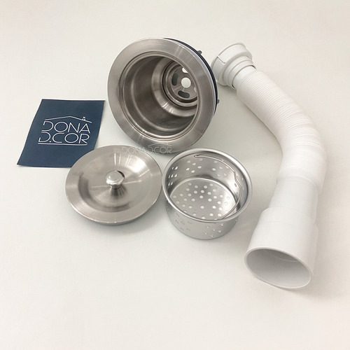 Kit Escoamento Valvula Inox 4 1/2 E Sifao Flexivel Cozinha Kit Instalação Sifão Sanfonado Universal E Válvula Higiênica 4 1/2 Inox Ralo Pia Com Cesto Escoamento Sifao De Plástico Dona D.cor