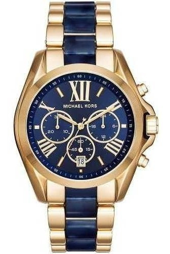 Relógio Michael Kors Mk6268 Bradshaw Dourado E Azul