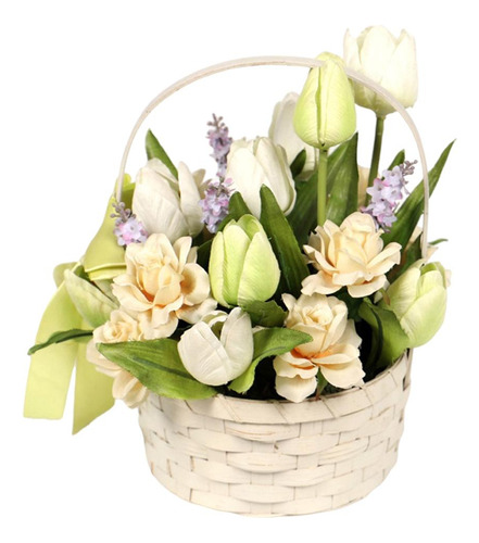 Tulipanes Artificiales En Maceta Con Cesta De Verde Claro