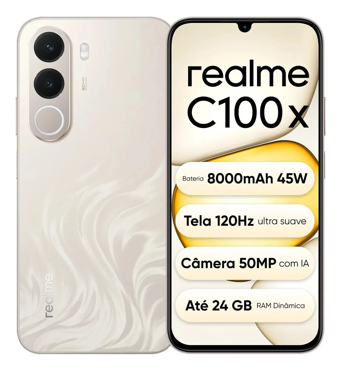 Celular Smartphone Realme C100x 128gb 4gb Ram (+8gb ram Virtual Boost), Bateria Titan 8000mah 45w, Tela Ultra Suave 120hz, Campeão em Fluidez, Câmera 50 Mp, IP64,NEXT AI, Dourado