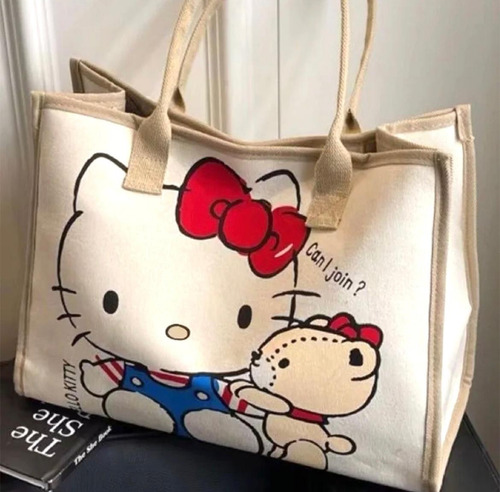 Bolsa De Lona Hello Kitty Grande De Hombro 32x40cm Beige Estampado Níquel Beige