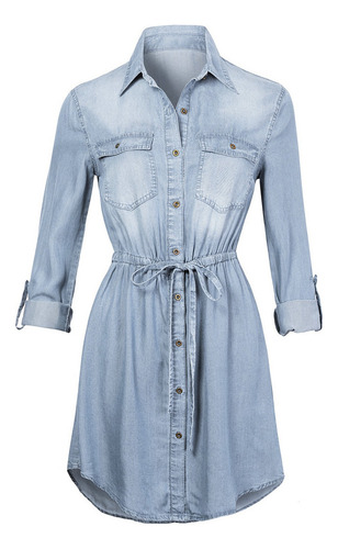 Vestido Tipo Camisa De Mezclilla De Manga Larga For Mujer,