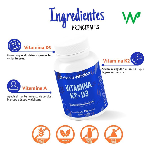 Vitamina K2 + D3 400ui + Vitamina A, Huesos Fuertes 210 Caps