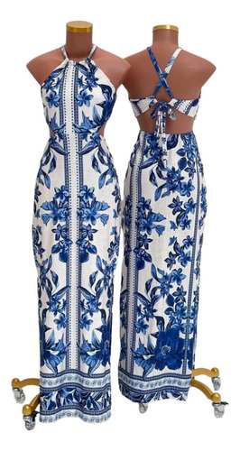 Vestido Feminino Grecia Estilo Farm Boho Azul
