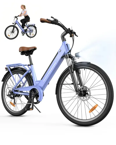 Bicicleta elétrica Xroymexroy Ucitys roxa em destaque, com farol aceso e detalhes em marrom no selim e guidão, e uma imagem menor de uma mulher pedalando-a.