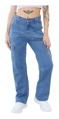 Jeans Mujer Wide Leg Cargo Noventero Azul Medio   Corona