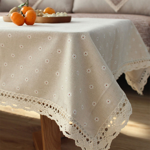 Mantel Rectangular De Lino Y Poliéster Con Borde De Encaje