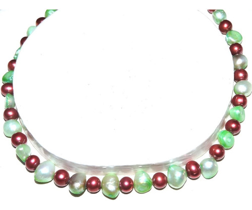 Collar Perla Naturales 9 Mm Agua Dulce Verde Cobre 